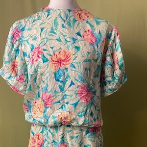 Vintage Maggy London Silk Dress Womens 12 Floral Midi 80s Drop Waist Pink Blue
